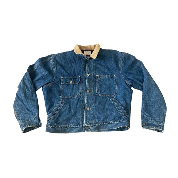 Vintage Polo Ralph Lauren Denim Jean Chore Jacket Large Wool Plaid Dunagrees - Picture 1 of 8